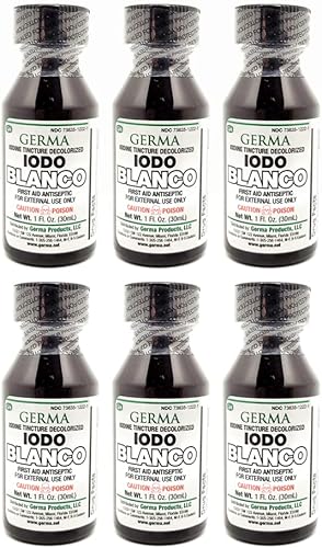 Germa Tintura de yodo blanco. Antiséptico de primeros auxilios. Para rasguños menores, cortes, moretones y quemaduras. Previene la infección de la