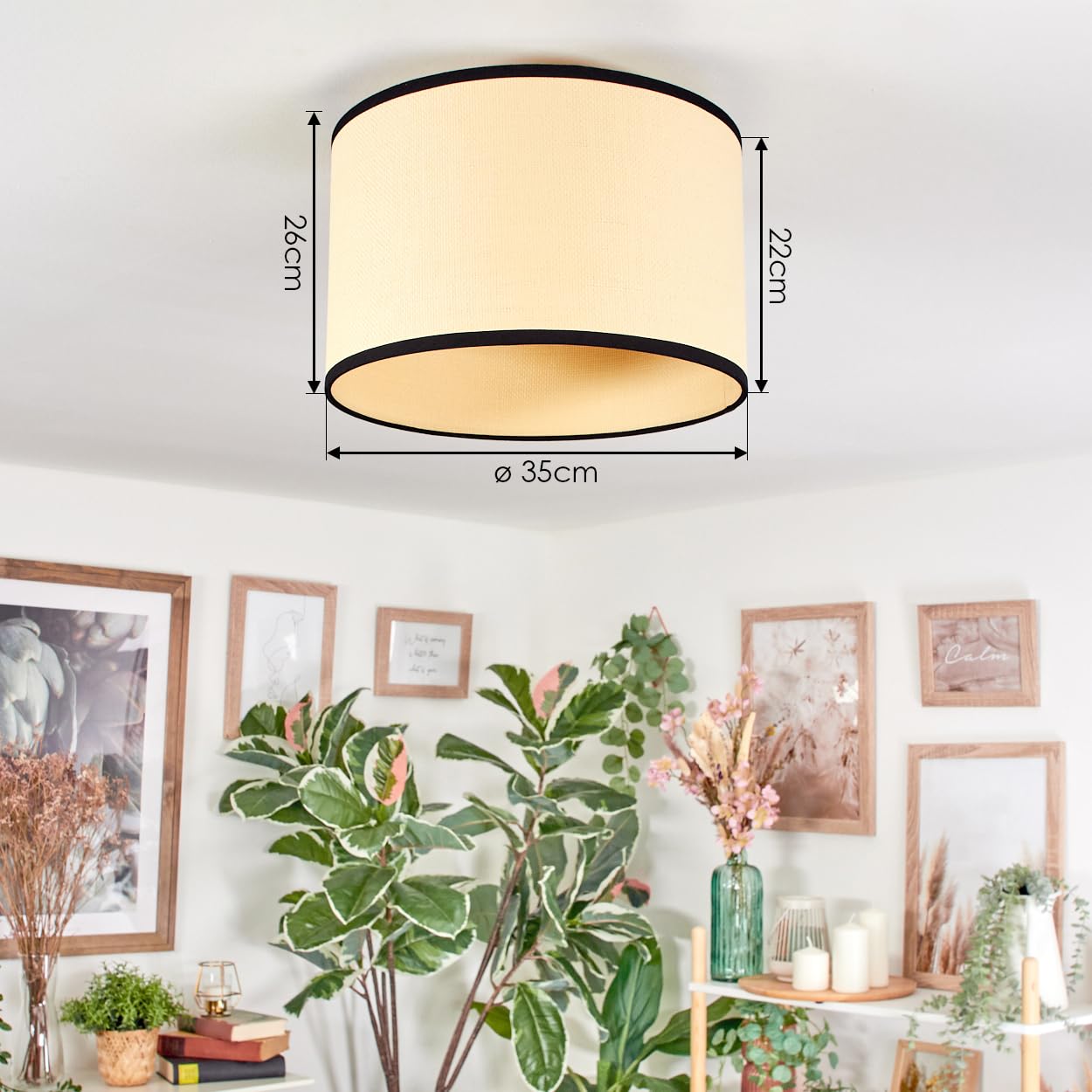 HOFSTEIN Lámpara de techo Chellas, lámpara de techo de metal/papel trenzado/tela en color negro/natural, lámpara de diseño bohemio moderno (diámetro 35 cm), E27, comedor, salón, dormitorio, cocina