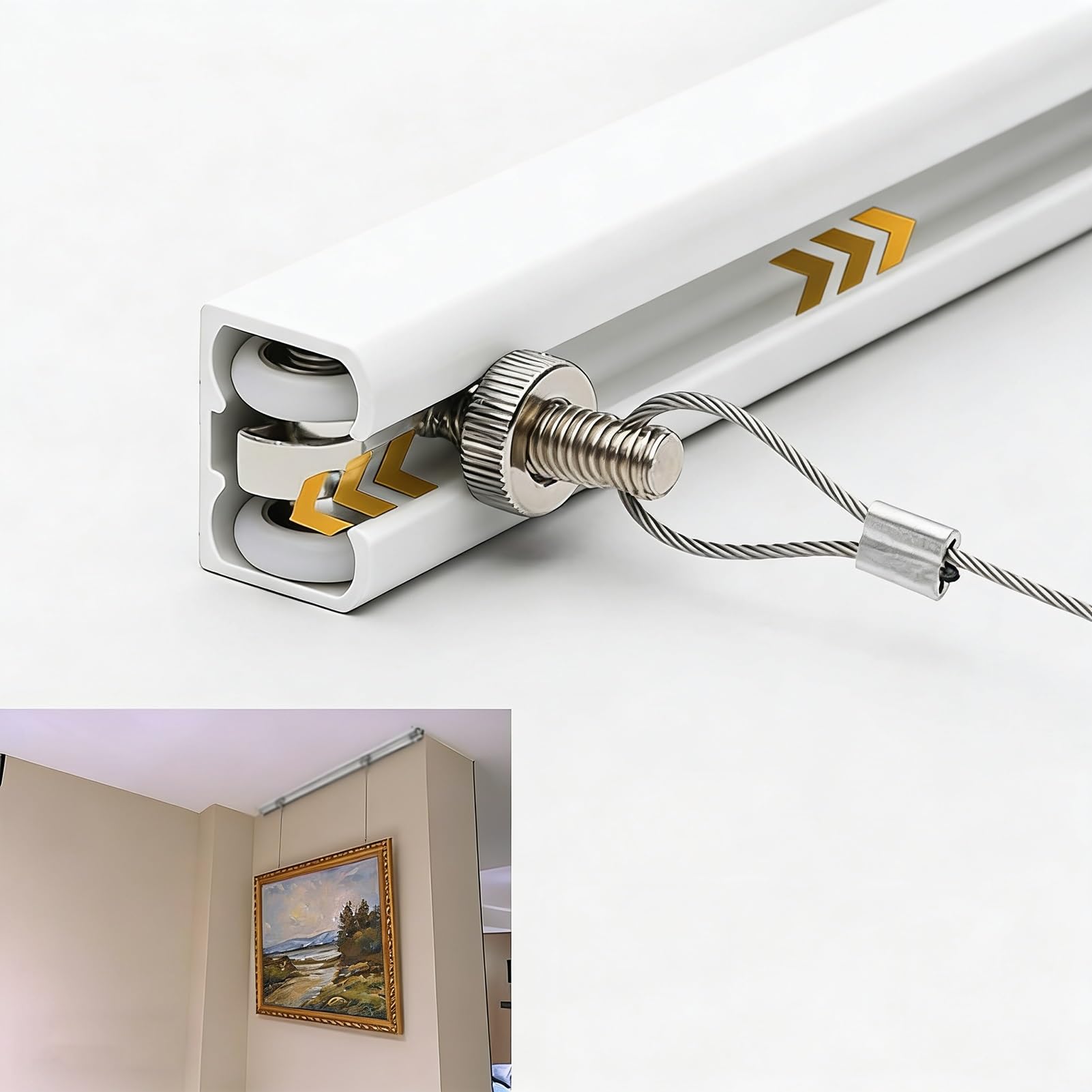 Dailify White Picture Rail Hanging Kit Ceiling Picture Hanging System With Cord & Hook, Rail Hanger For Photo Frame / Billboard, Gallery Wall Artwork Displaying Suspension Set(,38"/95Cm Track)