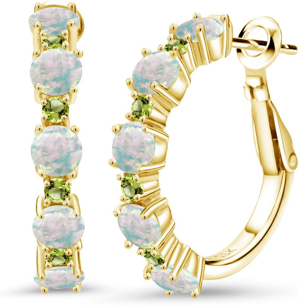 Gem Stone King 18K Yellow Gold Plated Silver Gemstone Birthstone and Peridot Hoop Earrings for Women | Round Cut 4MM and 1.9MM Stones | 1 Inch Diameter Hoops | Fine Jewelry for Her Mom Wife Women