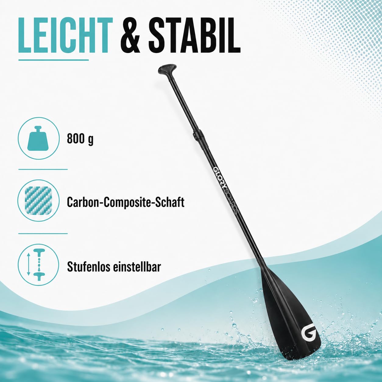 Glory Boards® SUP Paddel 30% Carbon für Stand Up Paddle, 3-teilig, ca. 800g | Carbon Paddel mit robustem Nylonblatt, variable Länge von 180-215 cm, angenehmer Griff, ideal für Stand-Up Paddling Touren