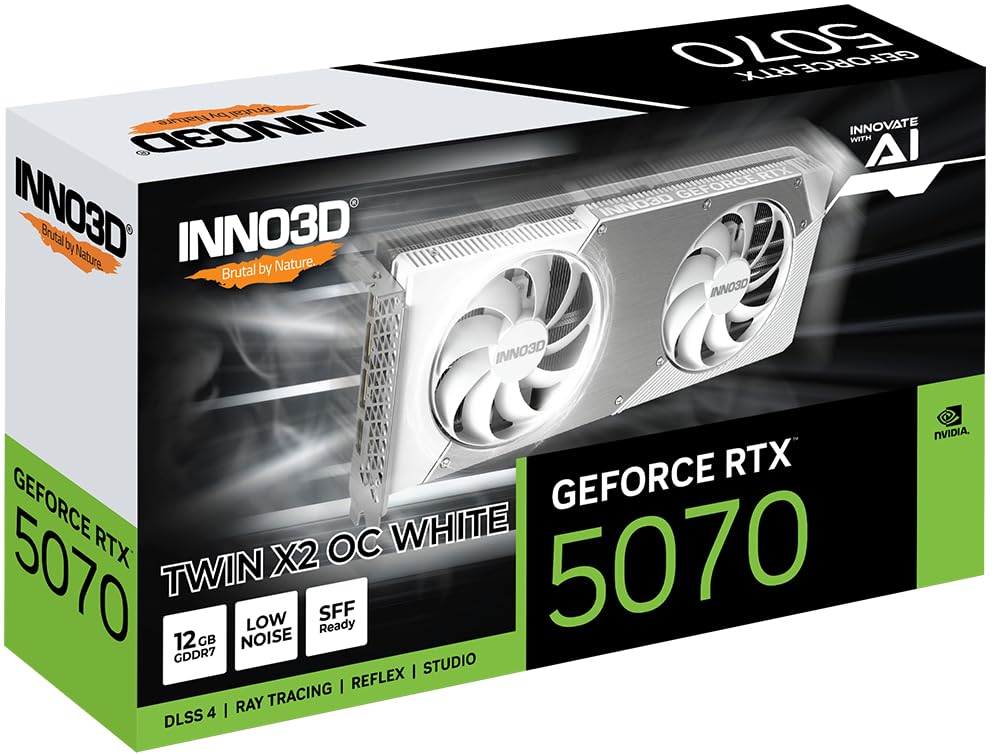 INNO3D Tarjeta gráfica NVIDIA GeForce RTX 5070 Twin X2 OC 12 GB GDDR7 de 192 bits PCI Express Gen 5 Gaming - N50702-12D7X-195064W (Blanco)