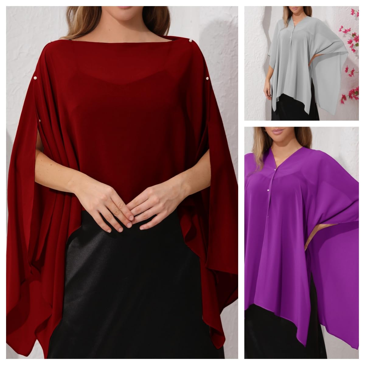 Cardigan Donna Sciarpa/Stola in Chiffon da Donna Elegante Mantellina/Cappellino con Bottoni Poncho Multiuso Leggero E Trasparente Copricostume Estivo da Spiaggia per Abito da Sposa Sposa