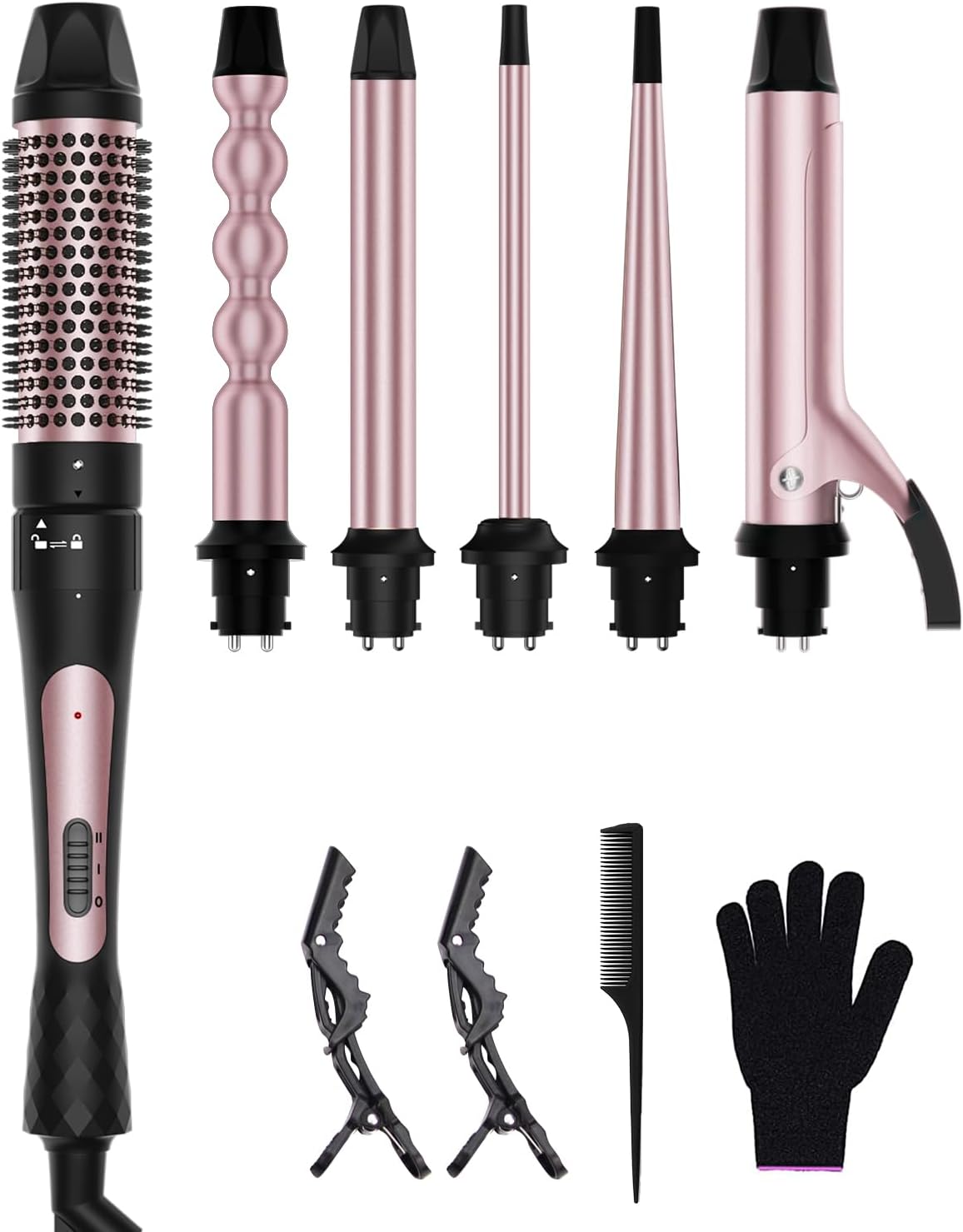 6 in 1 Curling Iron, Curling Wand Set with Thermal Brush (1.5inch) & 1inch Bubble Wand Curler and 3 Interchangeable Ceramic Barrel (0.35"-1.25"), Instant Heat Up with Comb & Protective Glove & 2 Clip