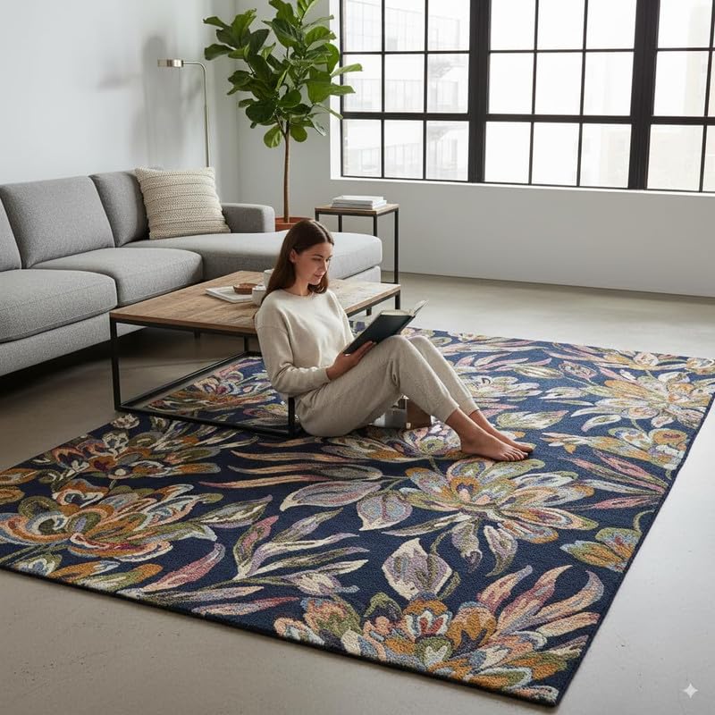 Image of Modern Abstract Hand Tufted Wool Floor Carpet for Home decore Living Room|Home and Bedroom & Hall 12x15feet (360 x 450cm) Blue H20