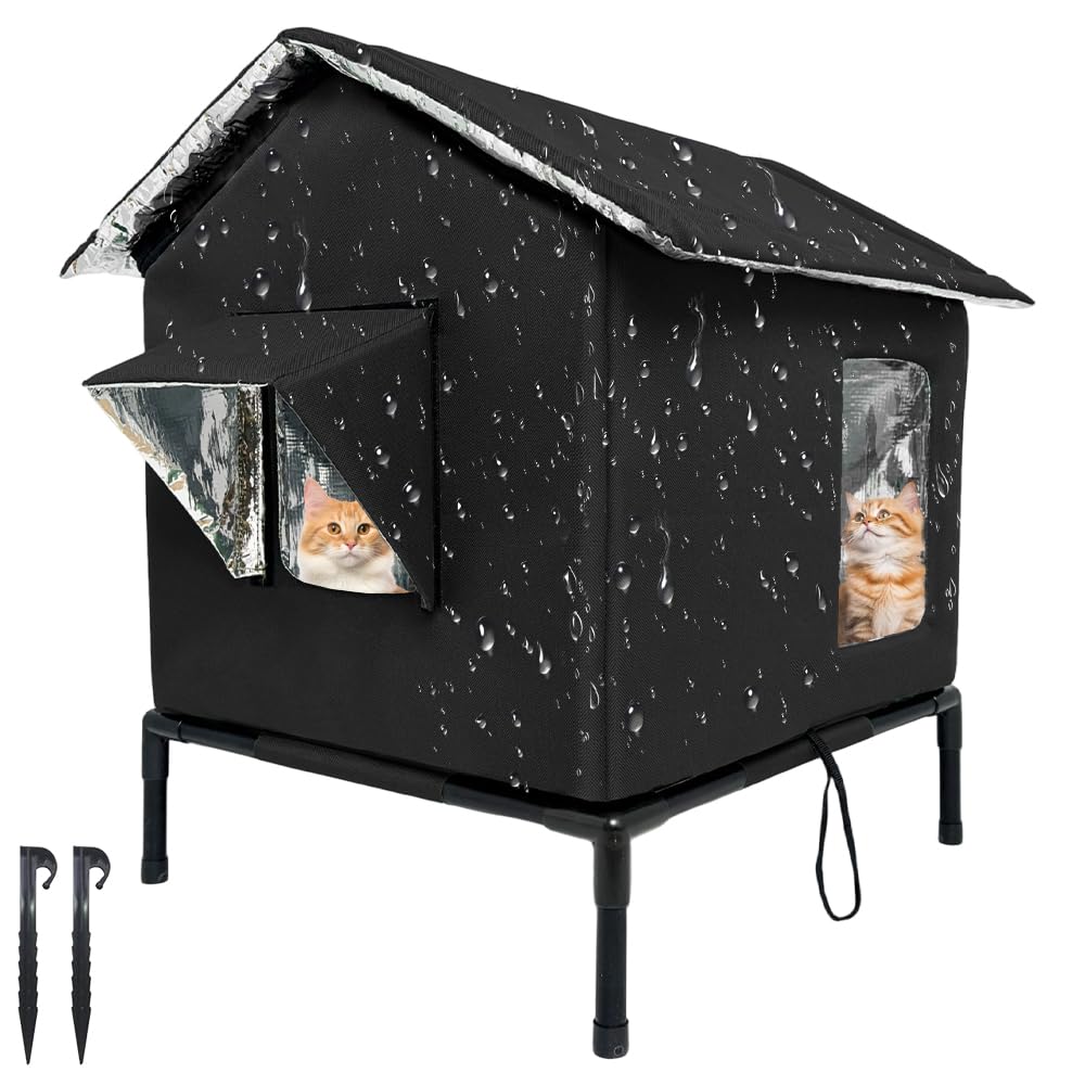 Jonuin Outdoor Cat House, 17.7'' x 15.7'' x 21.6'' Large Weatherproof Outdoor Cat House, Insulated Outdoor Cat Shelter, Weatherproof Elevated Outside Cat House for Winter and Summer (Black)