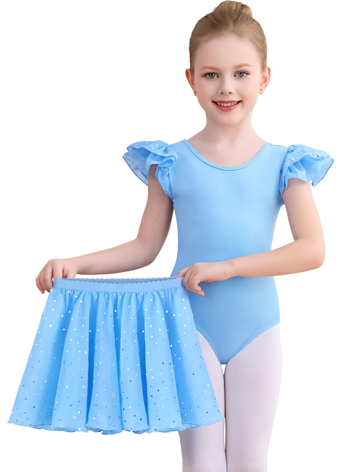 Comfyouth Ballettkleidung Ballettkleid Mädchen Rüschenärmeliger Ballett Turnanzug mit Abnehmbarem Rock Glitzer Ballettanzug für Kinder 2-11 Jahre