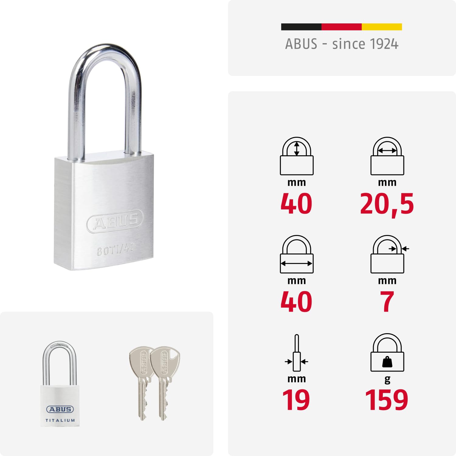 ABUS 562242-80TI/40HB40 Candado Titalium arco Nano protect y llave de 6 pitones 40 mm arco largo