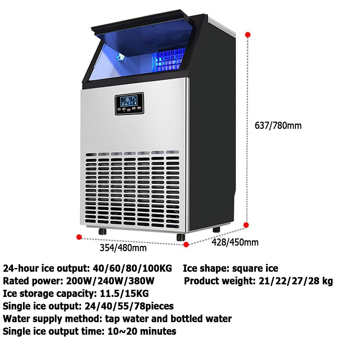 Macchina per Ghiaccio Elettrica,40/60/80/100kg/24h 100kg/24H | Macchina per Ghiacciotavolo Commerciale Fabbricatore Ghiaccio Con Schermo Lcd,Per Casa/Ufficio/Ristorante/Bar/Caffetteria