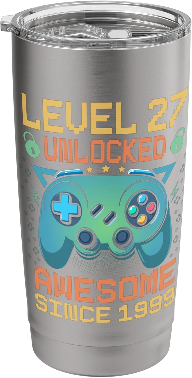 Level 27 Unlocked video Gamer 27th birthday men born in 1999 Stainless Steel Insulated Tumbler