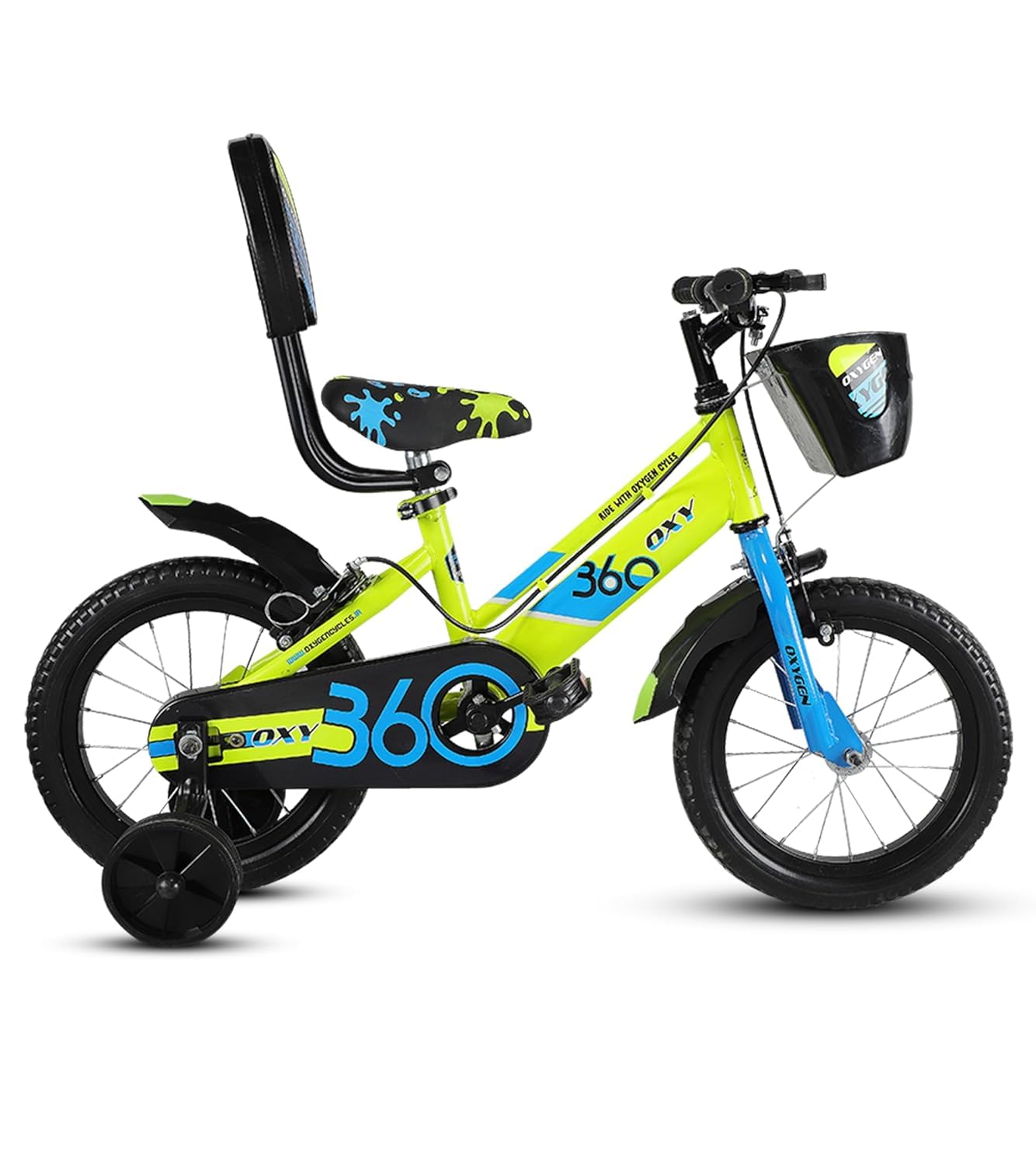 OXYGEN Kids Cycle Oxy360-14T BMX for Boys & Girls | Age 2-5 Years | Semi-Assembled | Strong Alloy Steel Frame | Neon Yellow | Safety Training Wheels | Adjustable Seat & Handlebar | Basket Included-image-3