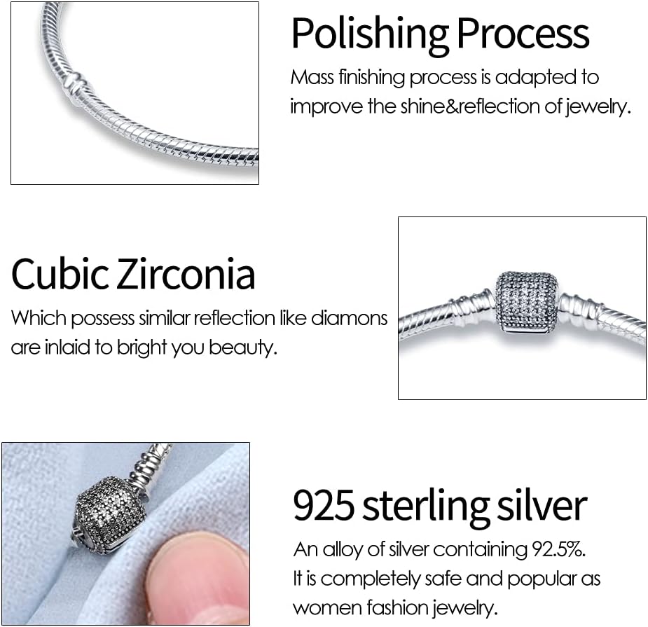 925 Sterling Silver Snake Chain Bracelets Fit Pandora Charms,Heart Clasp Bracelets Perfect For Any Glamour Gift for Women with 5 A Cubic Zirconia