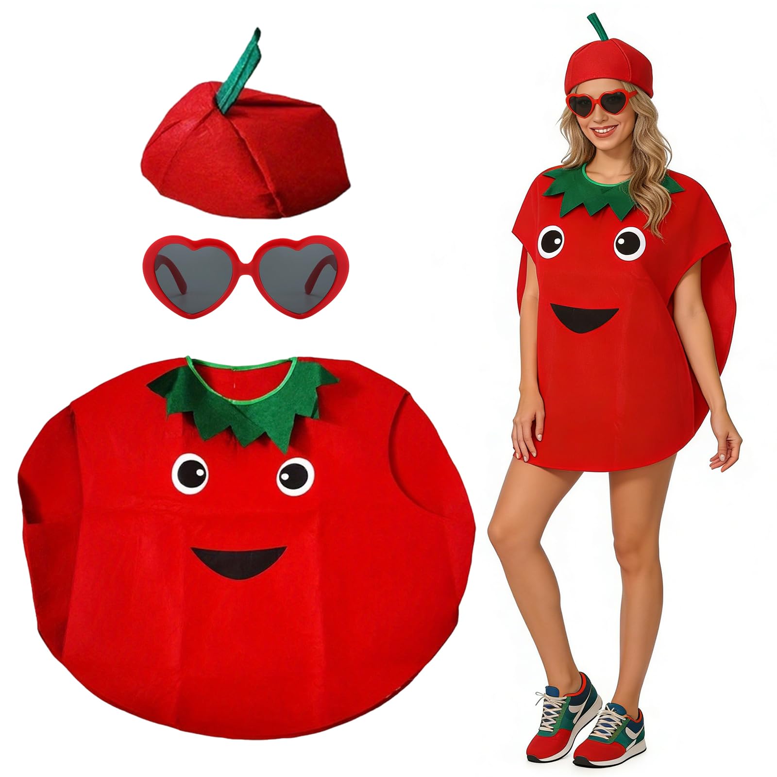 Traje de Fruta para Adultos, Disfraz Divertido de Fruta Ligero y Cómodo, Disfraz para Adultos - Sombrero, Vestido y Gafas, para Halloween, Fiestas Temáticas, Cosplay y Eventos Divertidos (Tomates)