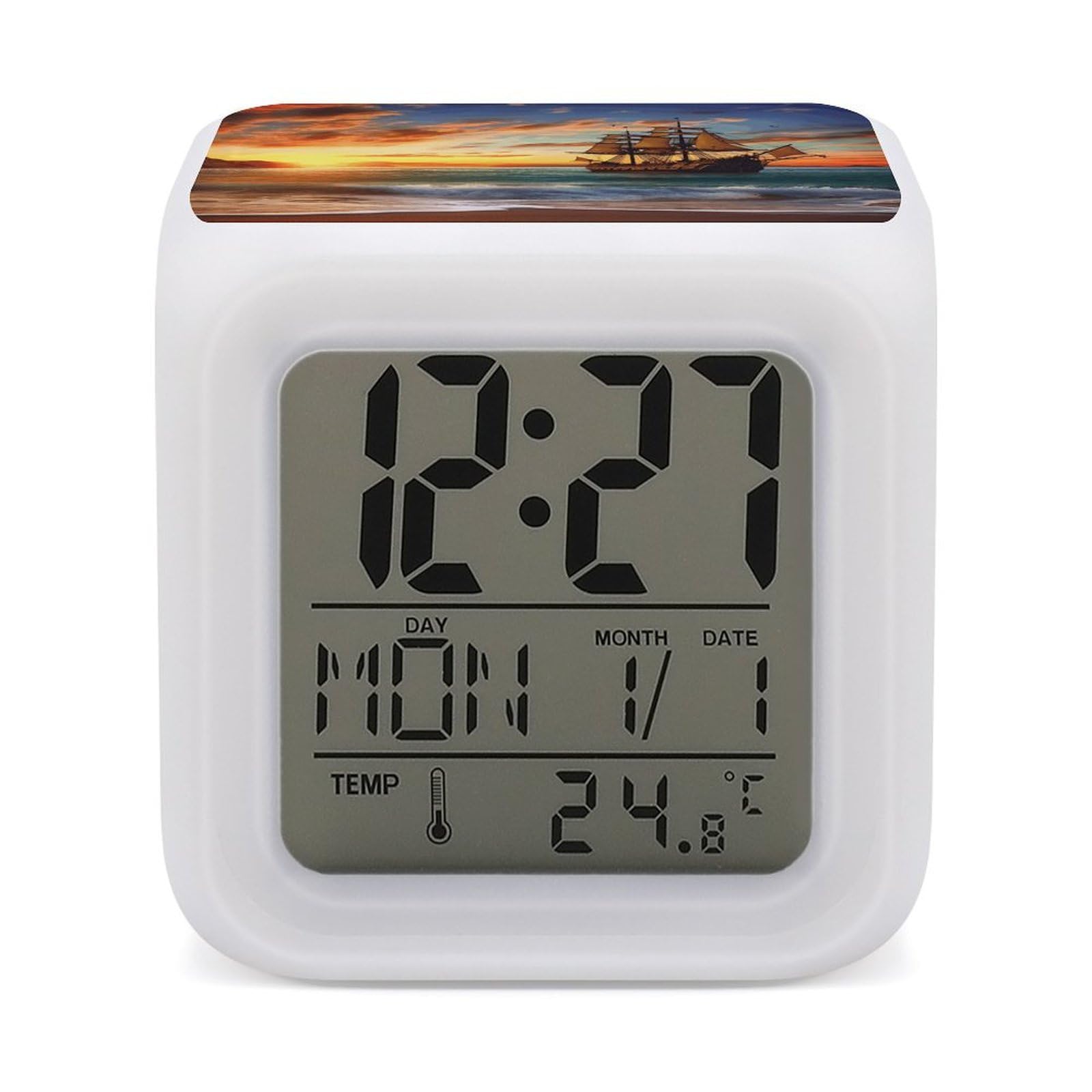 VstaDank Pirate Ship in The Sunset Alarm Clocks with 7 Color Changing Night Light Exquisite Bedroom Digital Clocks with LED Temperature Display Desk Clock Ok to Wake Clocks for Heavy Sleeper