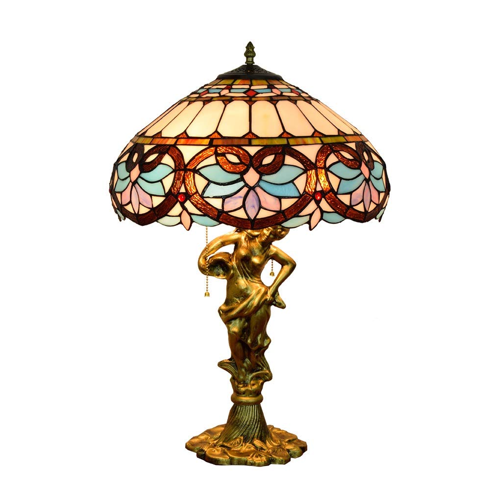 Aioneer 16 Inch Tiffany Stained Glass Table Lamp Blue Love Baroque Pattern Glass Lampshade Colorful Interior Lamps And Lanterns