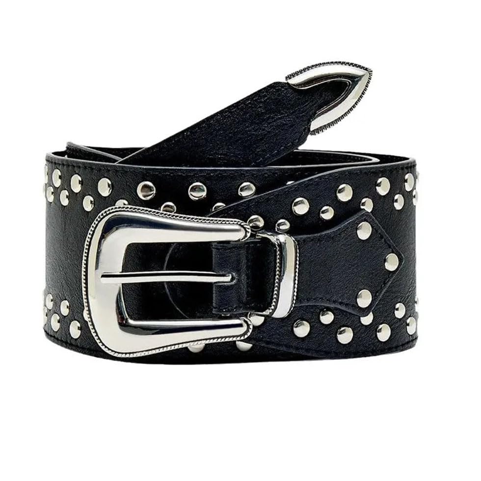 Pohullan Women Vintage Punk Rivet Patchwork Design Wide Belts Harajuku High Street Waistband4
