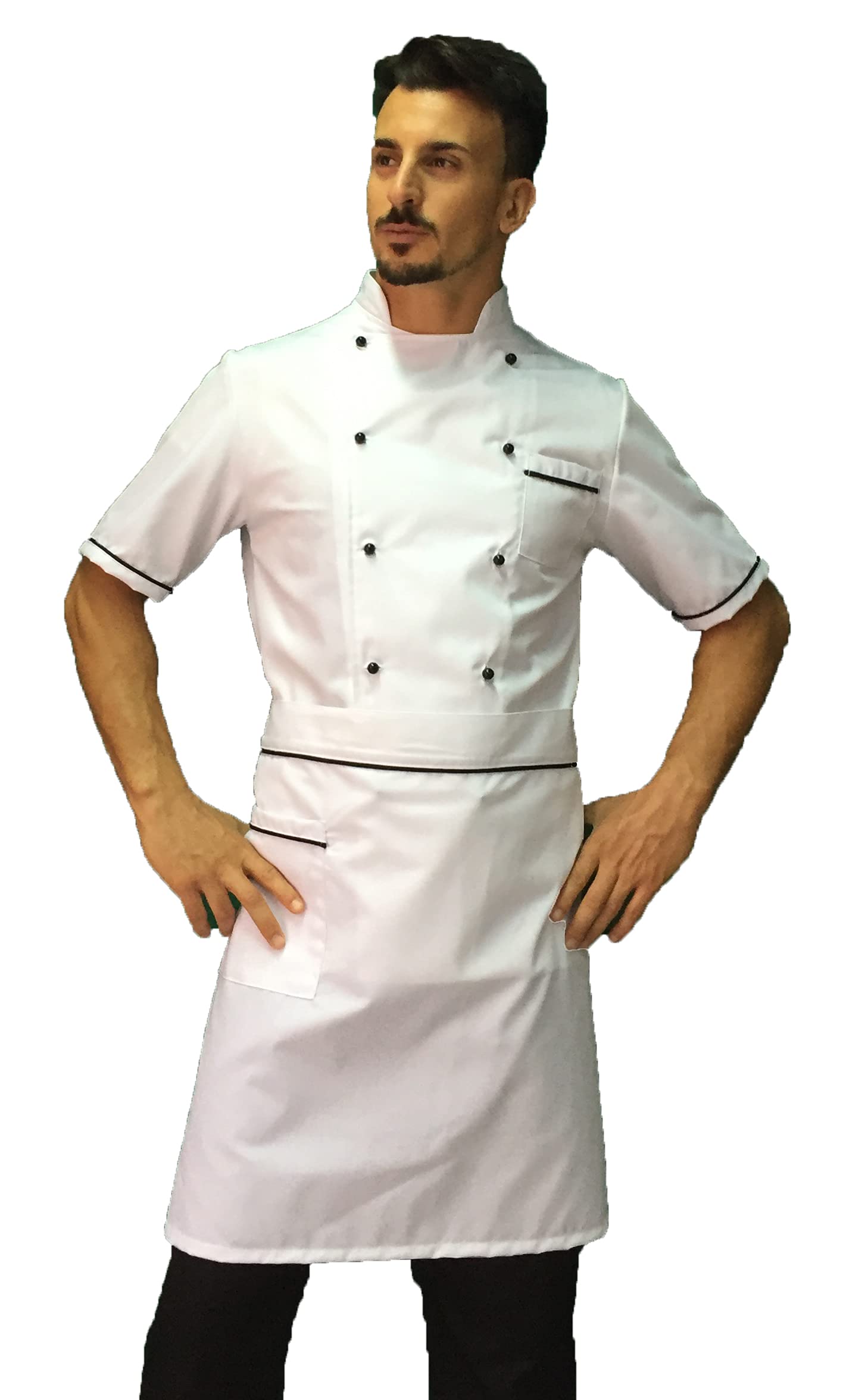 Ricamo Gratuito Completo cocinero hombre - blanco/negro - Divisa Chef manga corta - Chaqueta, pantalón y delantal - Uniforme para cocina y restaurante, Blanco Negro (M/C), XXXXL