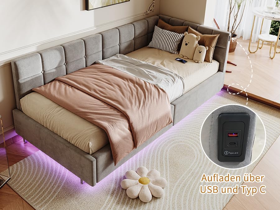 QMTXBYJ Polsterbett Kinderbett 90x200 mit LED und USB-Anschlüssen, Jugendbett 90x200 mit Hydraulischer Stauraum, Schlafsofa Einzelbett Daybett Tagesbett Gästebett Bettgestell mit Lattenrost,Samt – Bild 7
