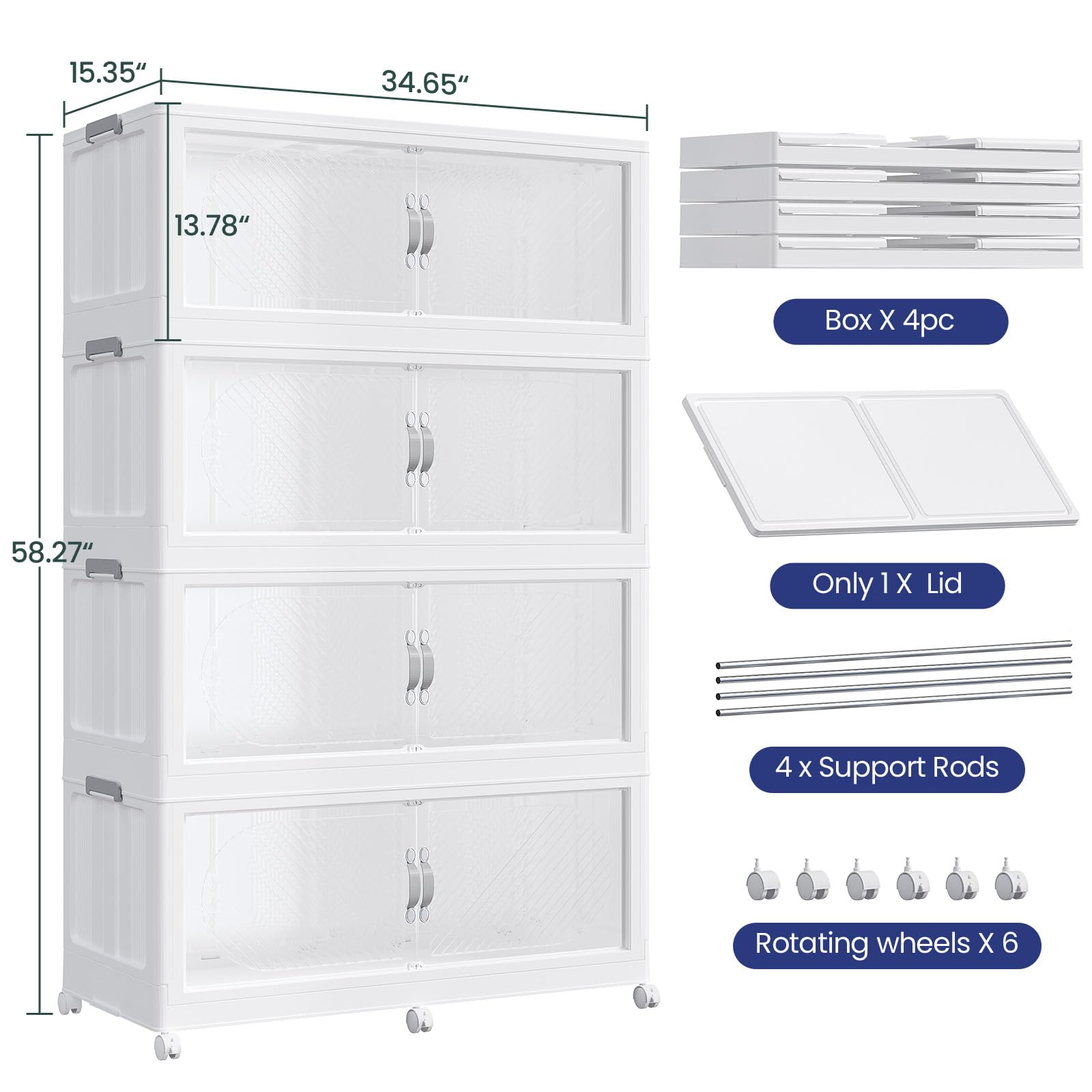 960QT - Contenedores de almacenamiento apilables extragrandes con tapa, organizadores de armario de plástico de 240 galones y cajón de almacenamiento, caja plegable con ruedas, puertas