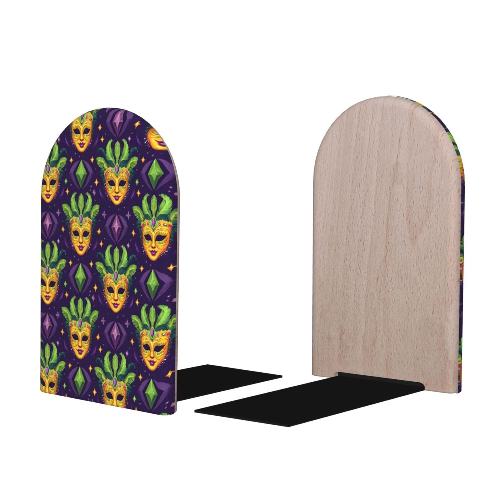 Cartoon Masquerade Print BookEnds 1 Pair, Decorative Bookends for Heavy Books, Wood Book Ends for Shelves, Book Organizer for Home Desk Office Supplies