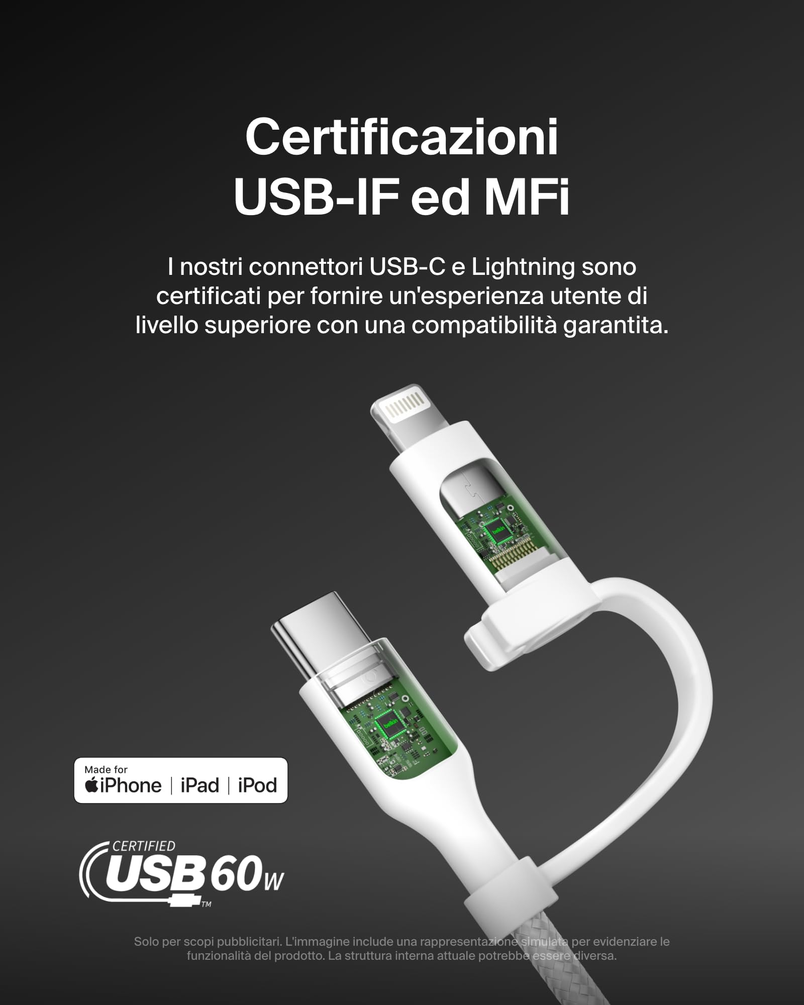 Belkin Cavo di ricarica 2 in 1 con connettori USB-C e Lightning, cavo di ricarica rapida intrecciato, cavo usb c - usb c e Lightning, cavo ricarica multiplo per iPhone, iPad, Samsung