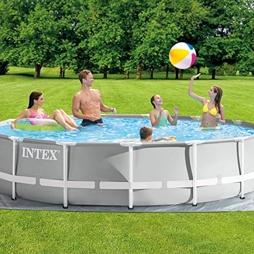 Intex 15 Foot x 42 Inch Prism Frame Above Ground Outdoor Backyard Swimming Pool Set with 1000 GPH Filter Pump, Ladder, and Secure Pool Cover, Gray