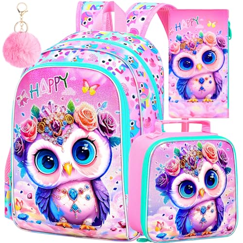 Image of 16 inch Backpack for Girls, 3Pcs Kids Bookbag with Lunch Box,Owl School Backpacks for Elementary Preschool Kindergarten (Pink)