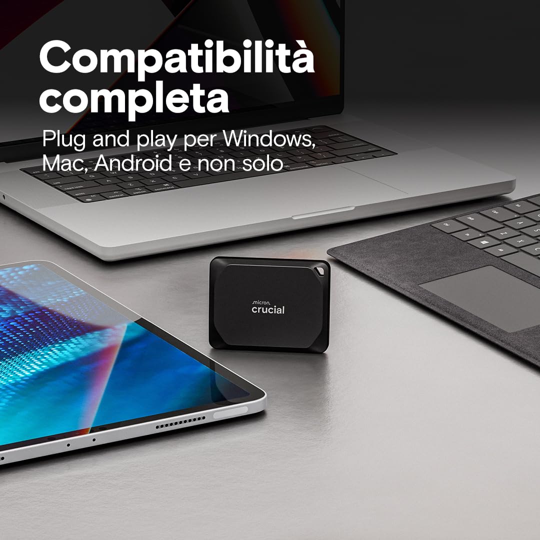 Crucial X10 Pro 2TB SSD Esterno SSD Portatile, fino a 2100MB/s Lettura e 2000MB/s Scrittura, USB-C 3.2, PC e Mac, Resistenza ad Acqua e Polvere, Unità a Stato Solido Esterno - CT2000X10PROSSD902