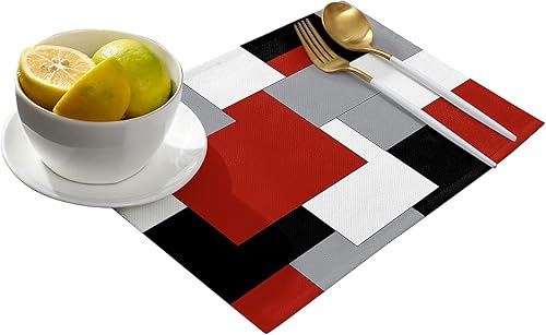 Miniatura 2 de Juego de 4 manteles individuales rojos, negros y grises, con aislamiento térmico, antideslizantes, lavables, manteles individuales de comedor, arte