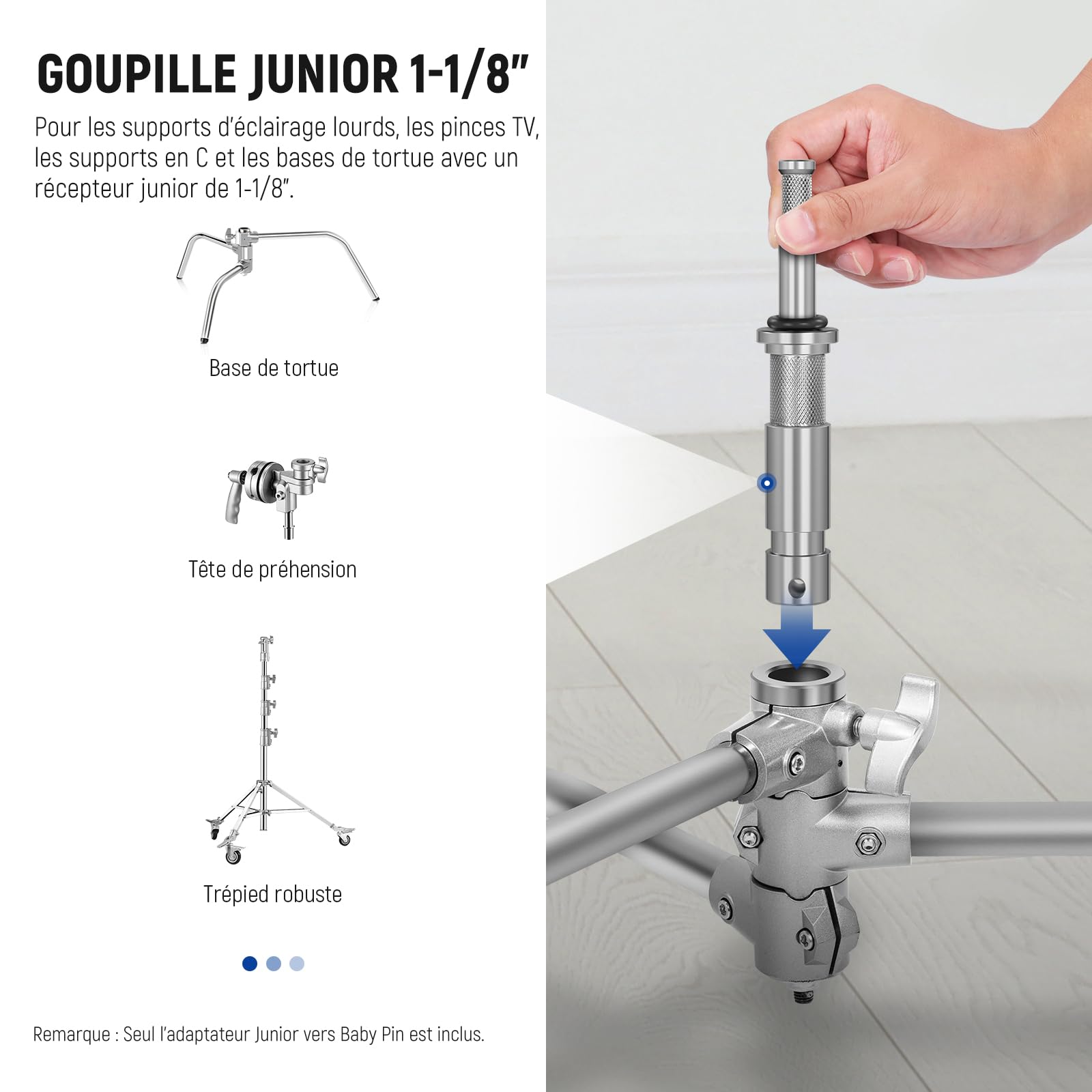 NEEWER Adaptateur Junior vers Baby Pin, Goujon Mâle Junior 1-1/8"/28mm à 5/8"/16mm Goujon Bébé Mâle Adaptateur pour Support C, Support d'éclairage Robuste, Pince TV, Base de Tortue, UA027