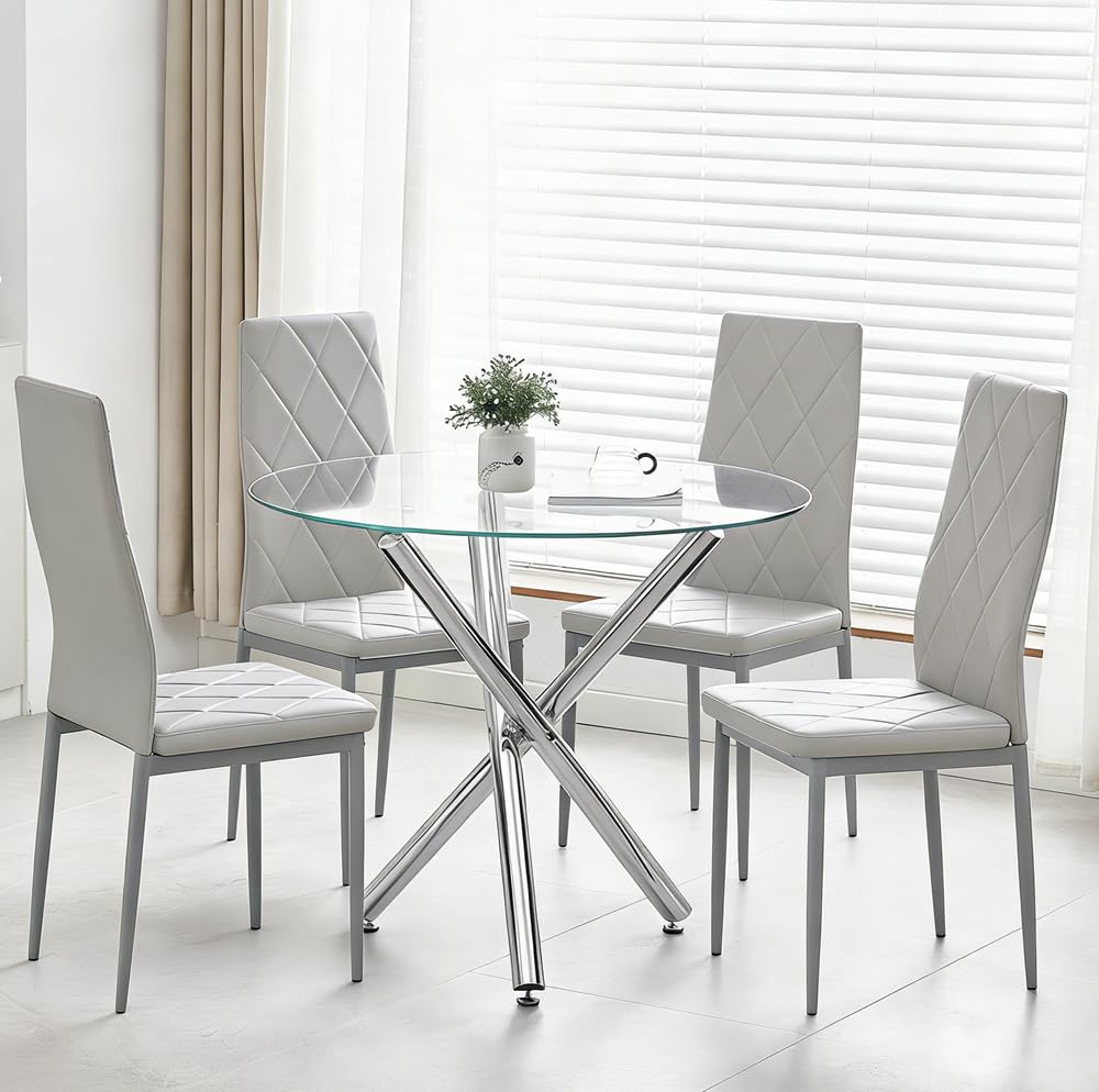 Menaka Round Dining Table and Chairs Set of 4 for Kitchen Diner, 5 Pieces Oak Wood Table with 4 Chairs for Compact Dinette Restaurant (4 Argyle Grid Grey Leather Chairs#2, 90cm Clear Glass Table) โ image 1