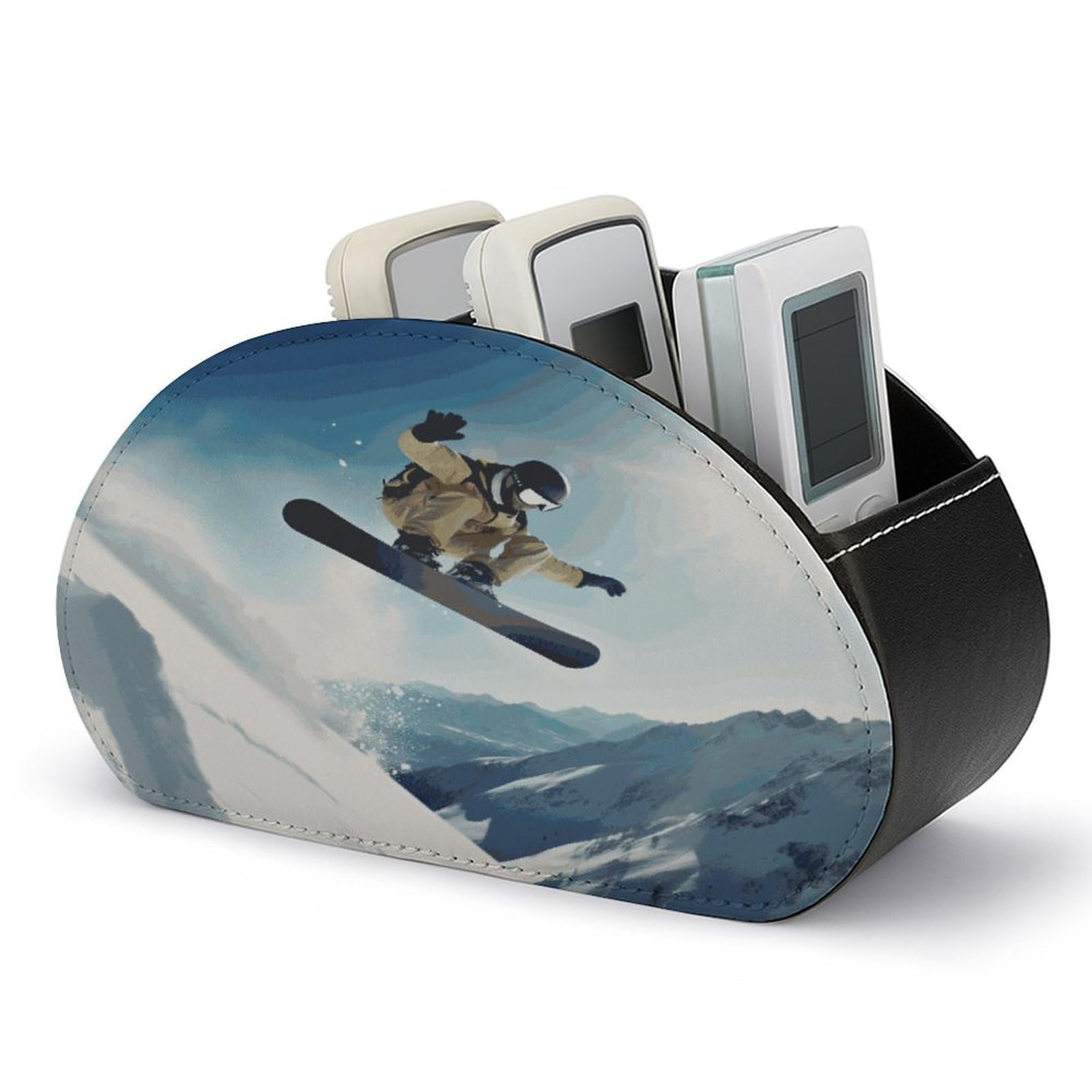 LZQPOEAS Snowboarding Remote Control Holder Desk Storage Organizer Box Container Remote Storage Box with 5 Compartments PU Leather Remote Caddy for Home Bedside Table Organizer