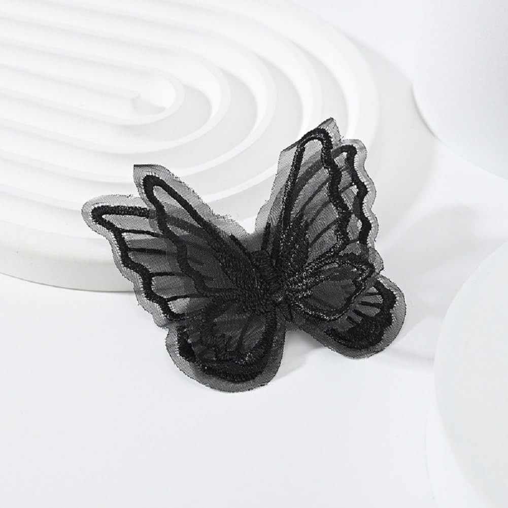 Yalulu 50Pcs 3D Butterfly Lace Trim, Organza Embroidery Fabric Lace Patch for Wedding Bride Hair Dress Hat Accessories (Black)