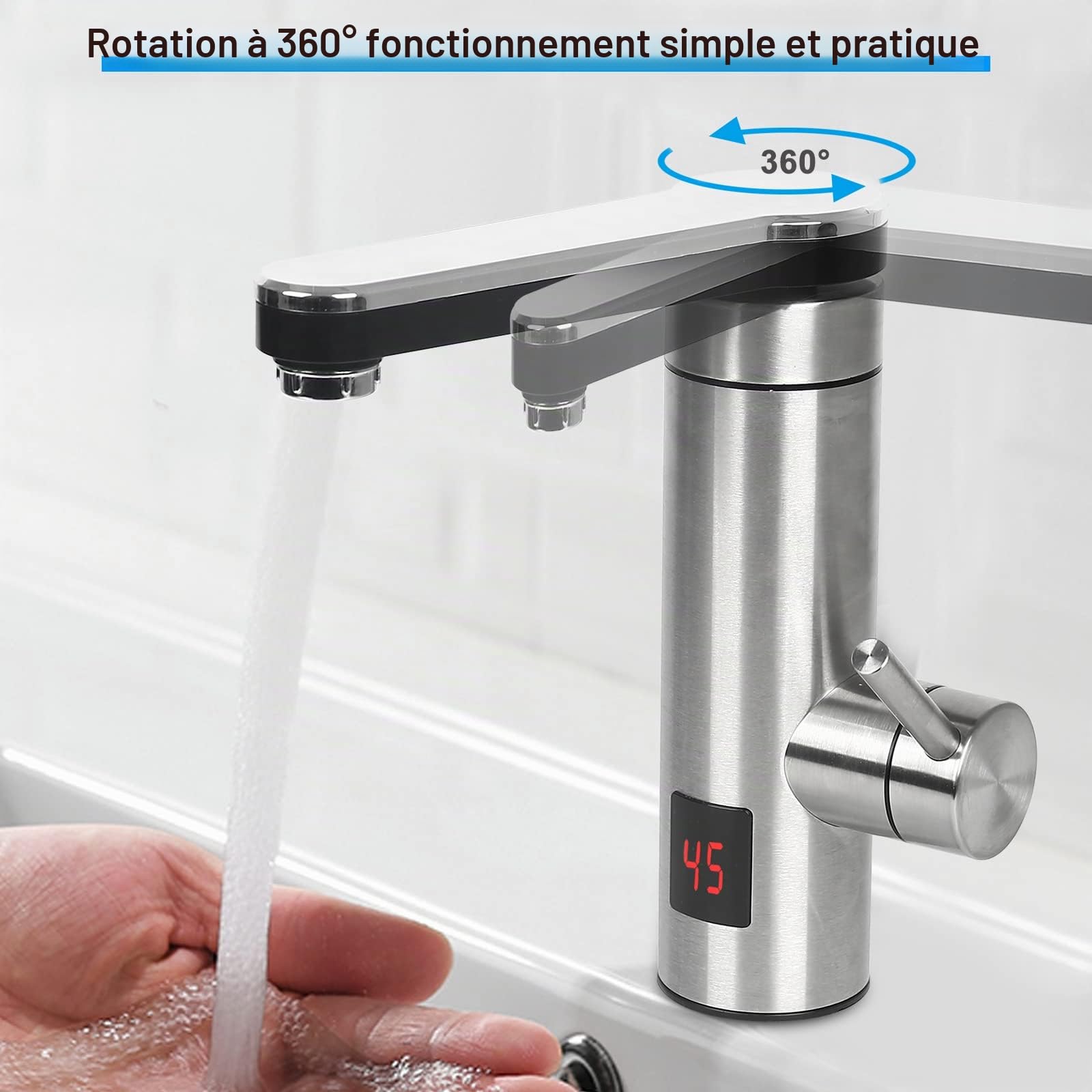 Chauffe-Eau électrique Robinet électrique Instantané en Acier Inoxydable 3 kW Avec affichage de la température LED à 360°, Robinet pour d'eau sans réservoir Cuisine et Salle de Bain