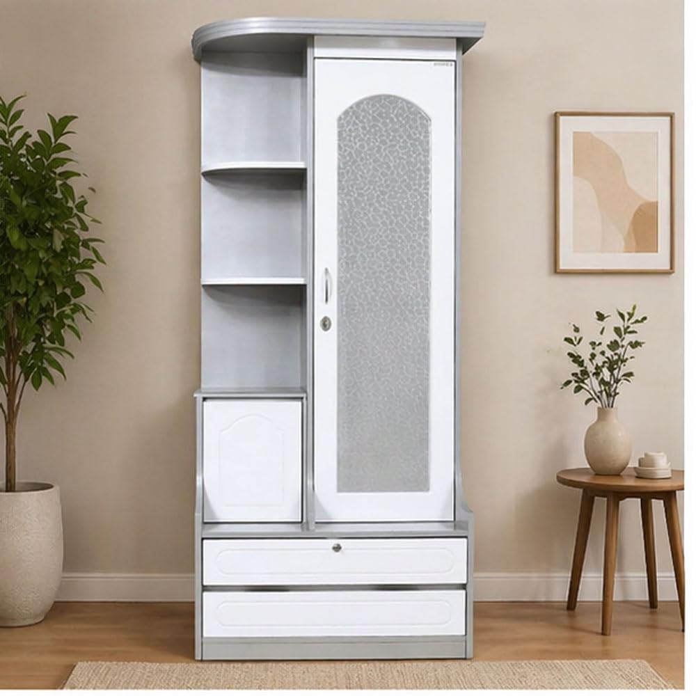 Sierra Dressing Table -12 | Open Side Shelves, Frosted Glass Door, Wooden Vanity Unit, White & Silver Finish, Bedroom Furniture-image-20