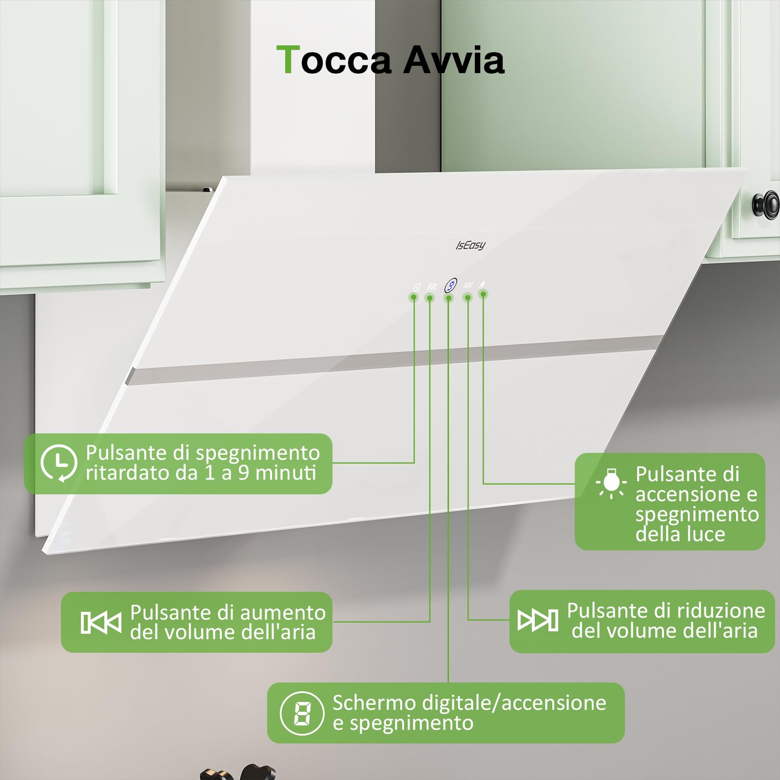 IsEasy Cappa Cucina, Cappa Aspirante 90 cm, 571 m³/h Aspirazione, 4 Livelli di Regolazione, Staffa Inclinazione 45°, 1-9 Min Spegnimento Ritardato, 61dB, Bianco, Efficienza A++