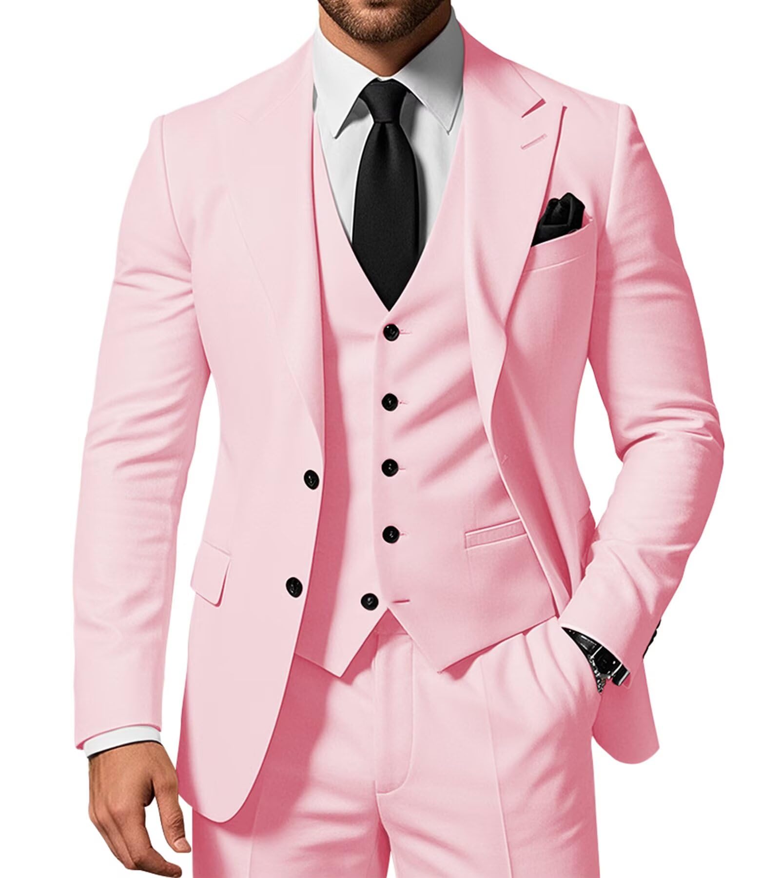 SPTALLFITJSV Men's 3 Piece Suits Slim Fit Peak Lapel 2 Button Blazer Jacket Vest Pants Set Wedding Business Prom Party Suit