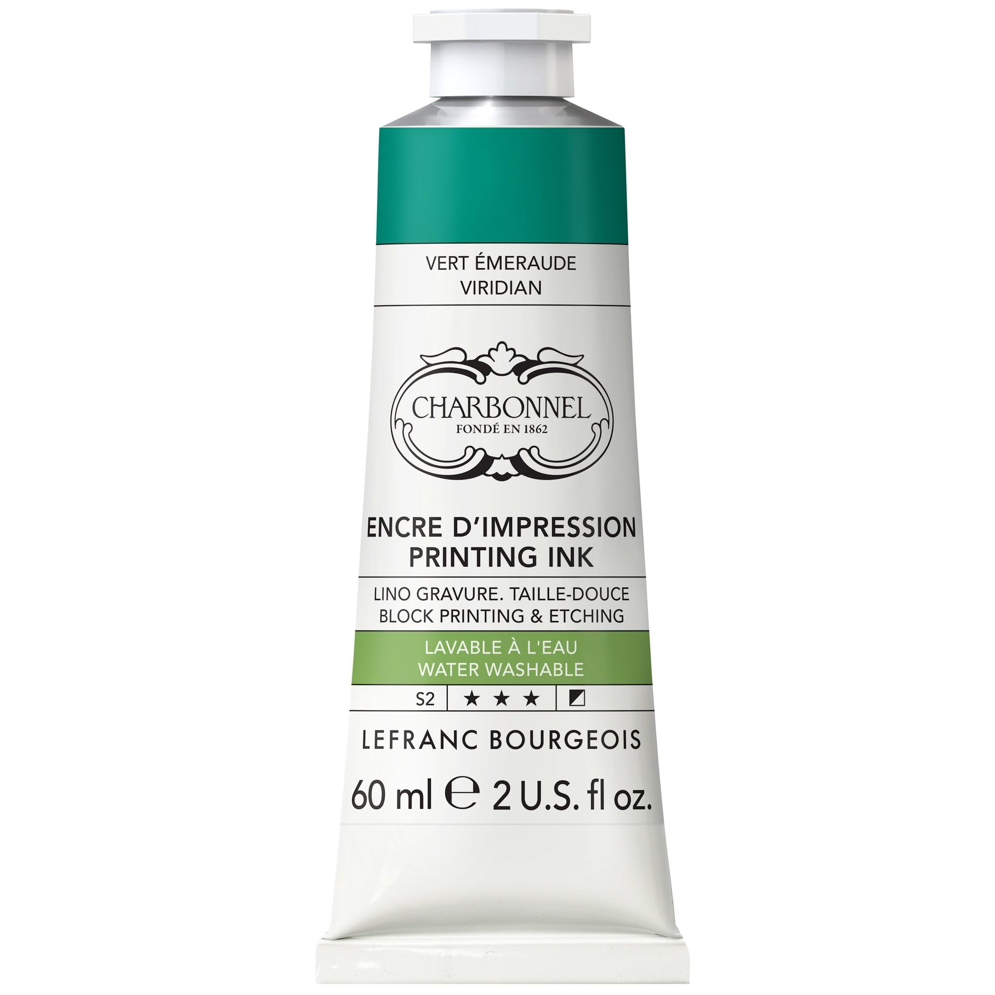Lefranc Bourgeois 301498 Charbonnel, vernice per stampa in rame lavabile in acqua con eccellente resistenza alla luce, vegano, 100% privo di solventi, tubo da 60 ml, verde smeraldo