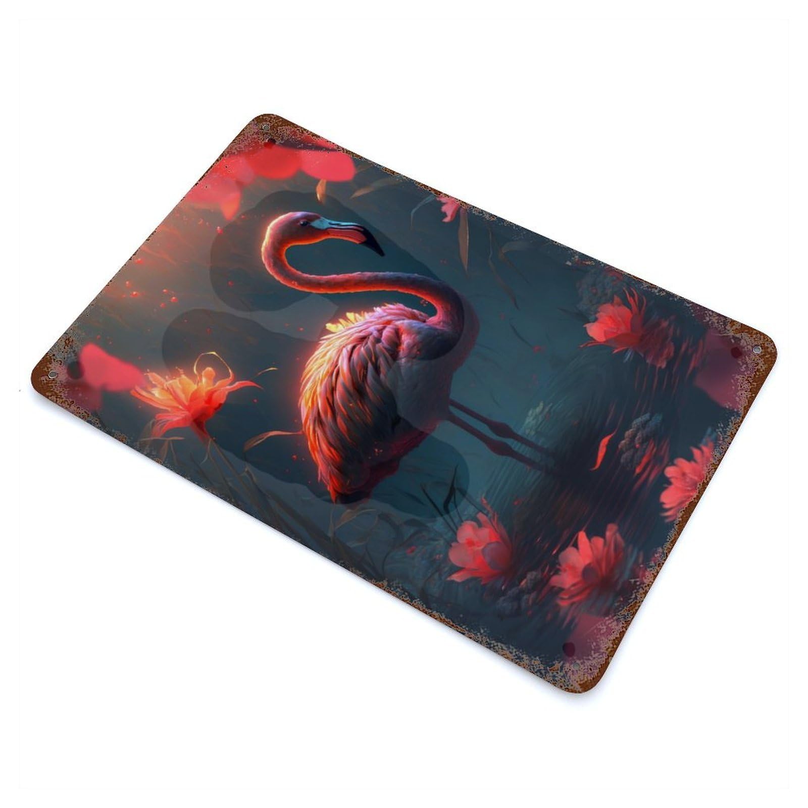 Decorative Tin Sign with Floral Fantasy Flamingo Design 11.8"x7.9", for Garage, Bar And Workshop Decor, Farmhouse Wall Decor