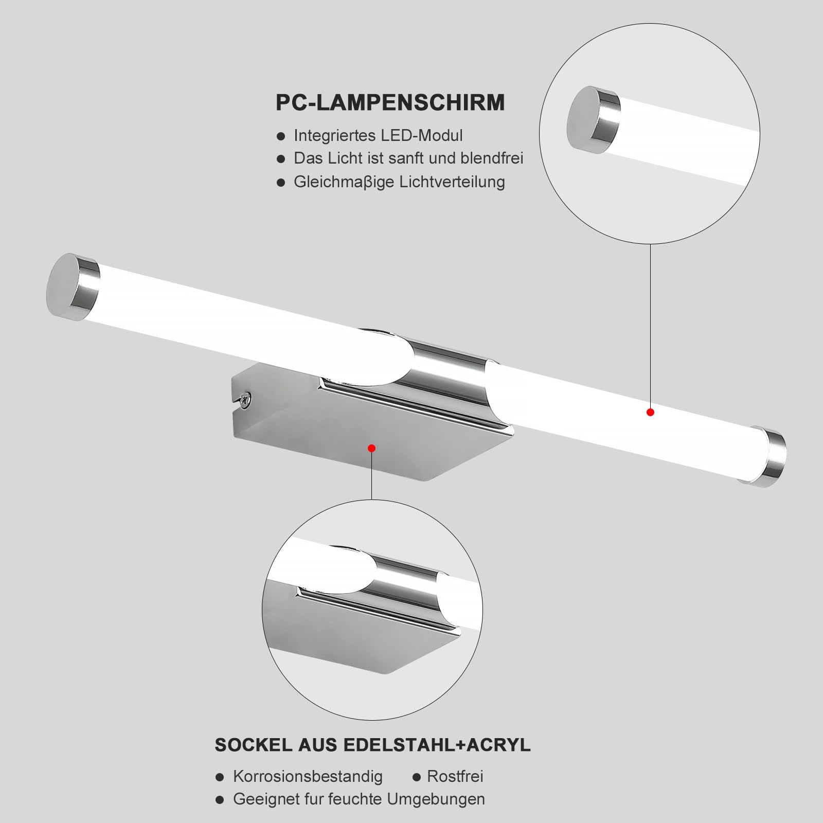 LED-Spiegelbeleuchtung fürs Badezimmer, 40 cm Chrom, wandmontiert, neutralweiß 4000K, IP44 wasserdicht, Make-up-Licht