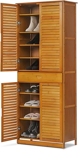 Magshion Armario alto de almacenamiento de zapatos con puertas de persiana y cajón, soporte de estante independiente para armario estrecho, pasillo,