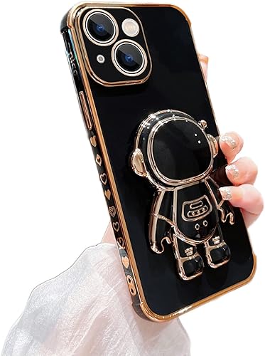 Omio - Funda compatible con iPhone 15 con soporte oculto de astronauta, funda de lujo chapado en corazón con borde lateral, pequeño patrón de amor