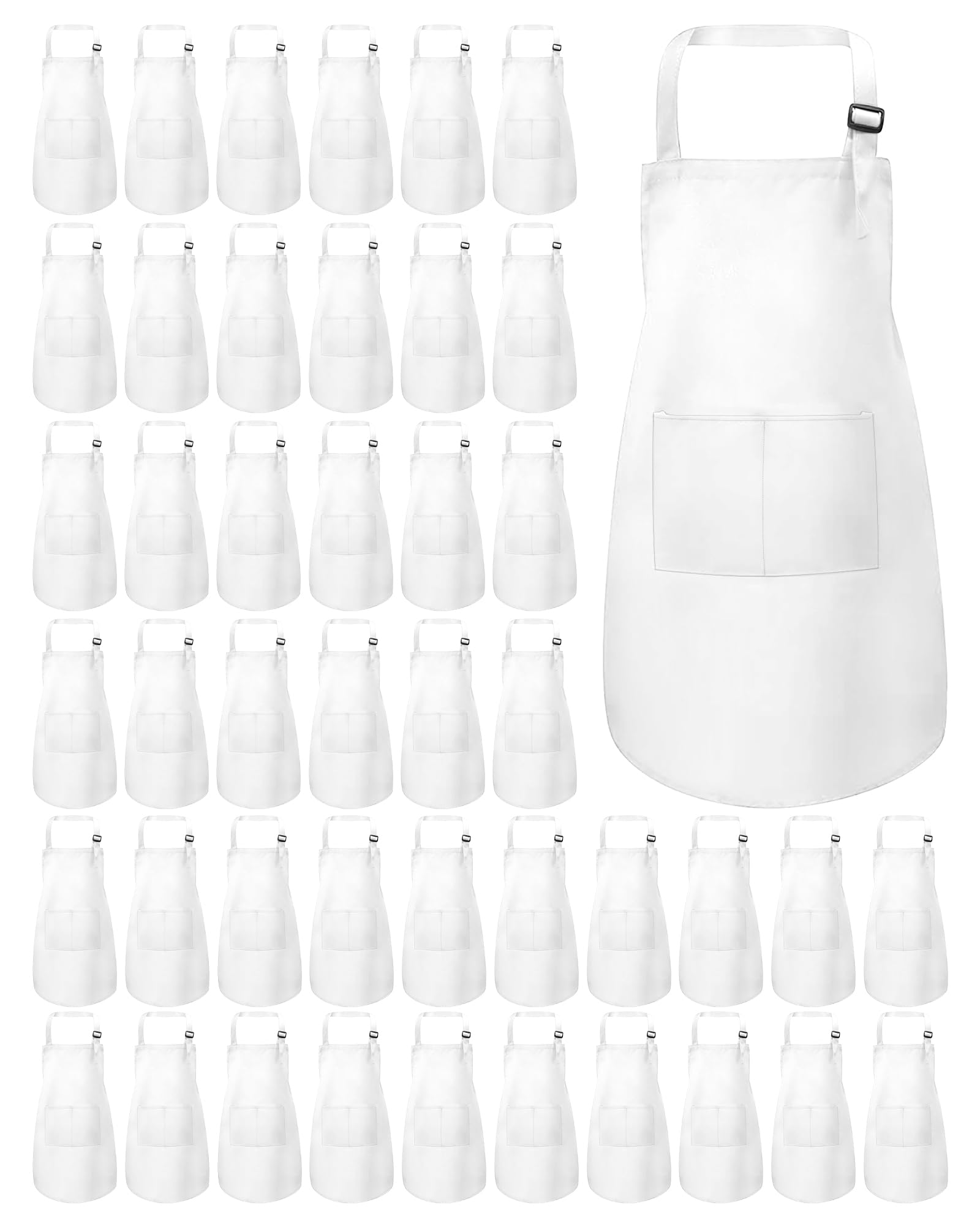 ZLEVEAYN 45 Pcs Kids Aprons Bulk with Pockets for Girls Boys Adjustable Children Chef Apron for Cooking Painting, 6-12 Years (White,L)