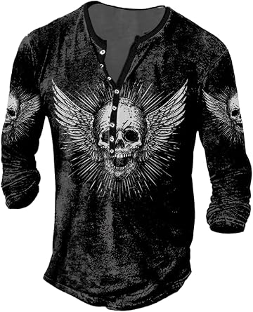 HOTYD Mens Distressed Henley Shirts Retro Cross Print Casual Loose Long Sleeve Button V Neck Vintage T Shirts for Men