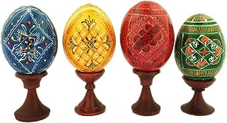 Religious Gifts 4 Ukrainian Wooden Hand Painted Easter Eggs Pysanky on Stands 3 1/2 Inch