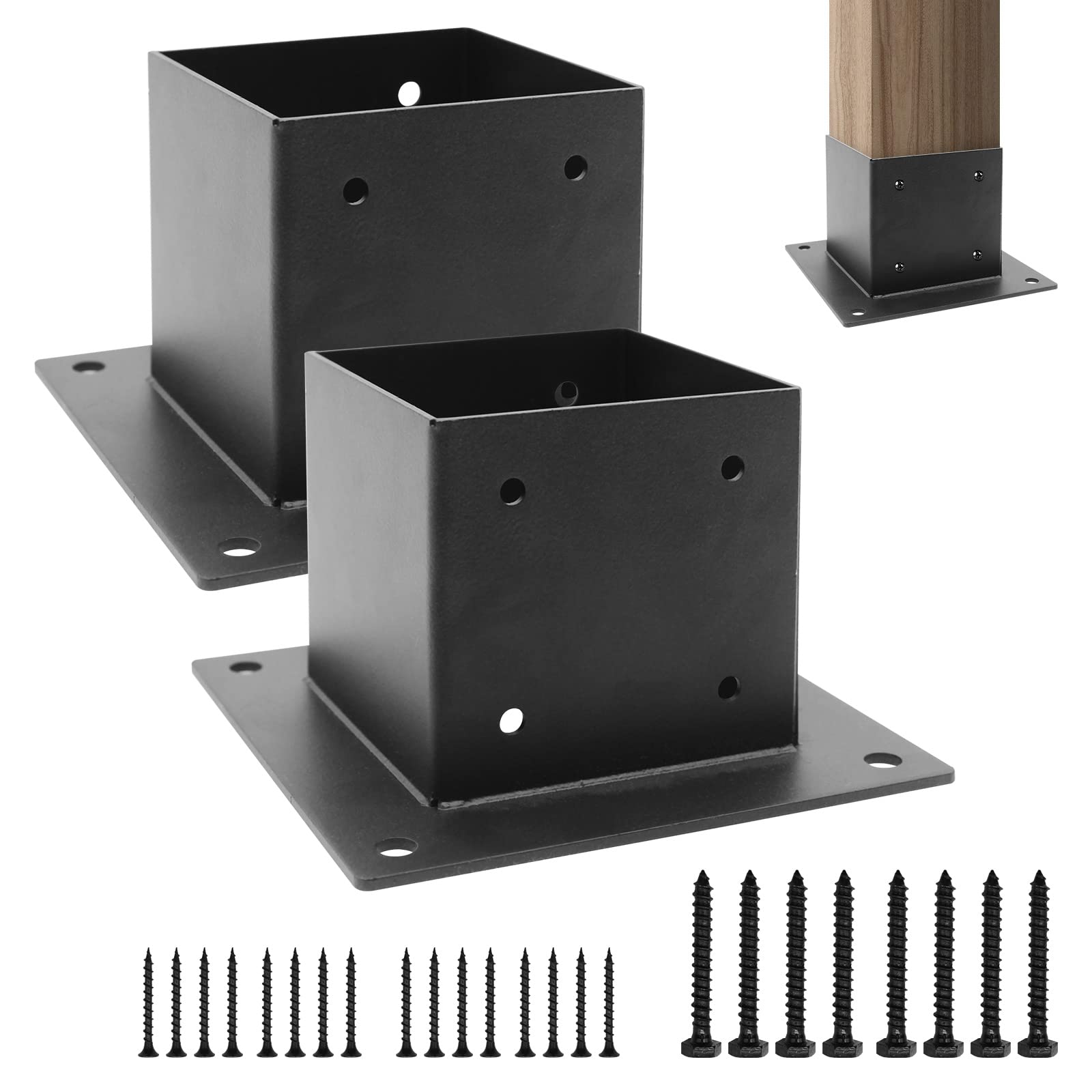 4 x 4 Post Base(Inner Size 3.6" x 3.6"), Heavy Duty Steel Post Anchor, Deck Post Base Brackets with Black Metal Coated, with Screws, for Deck Railing Pergola Brackets Fence (2 Pack)