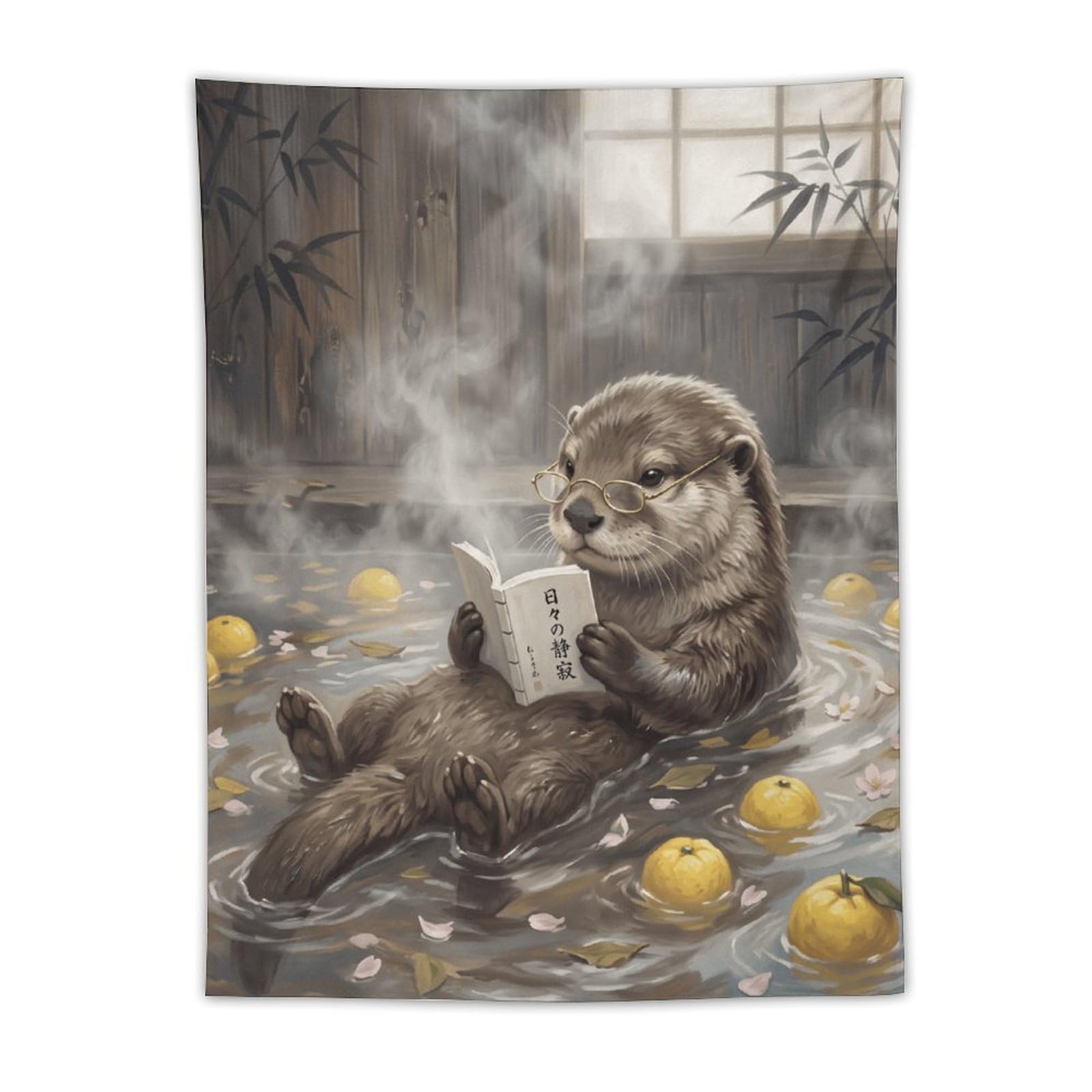 H3B8U2Y5 Reading Otter Lemon Bath Wall Tapestry, Realistic Illustration