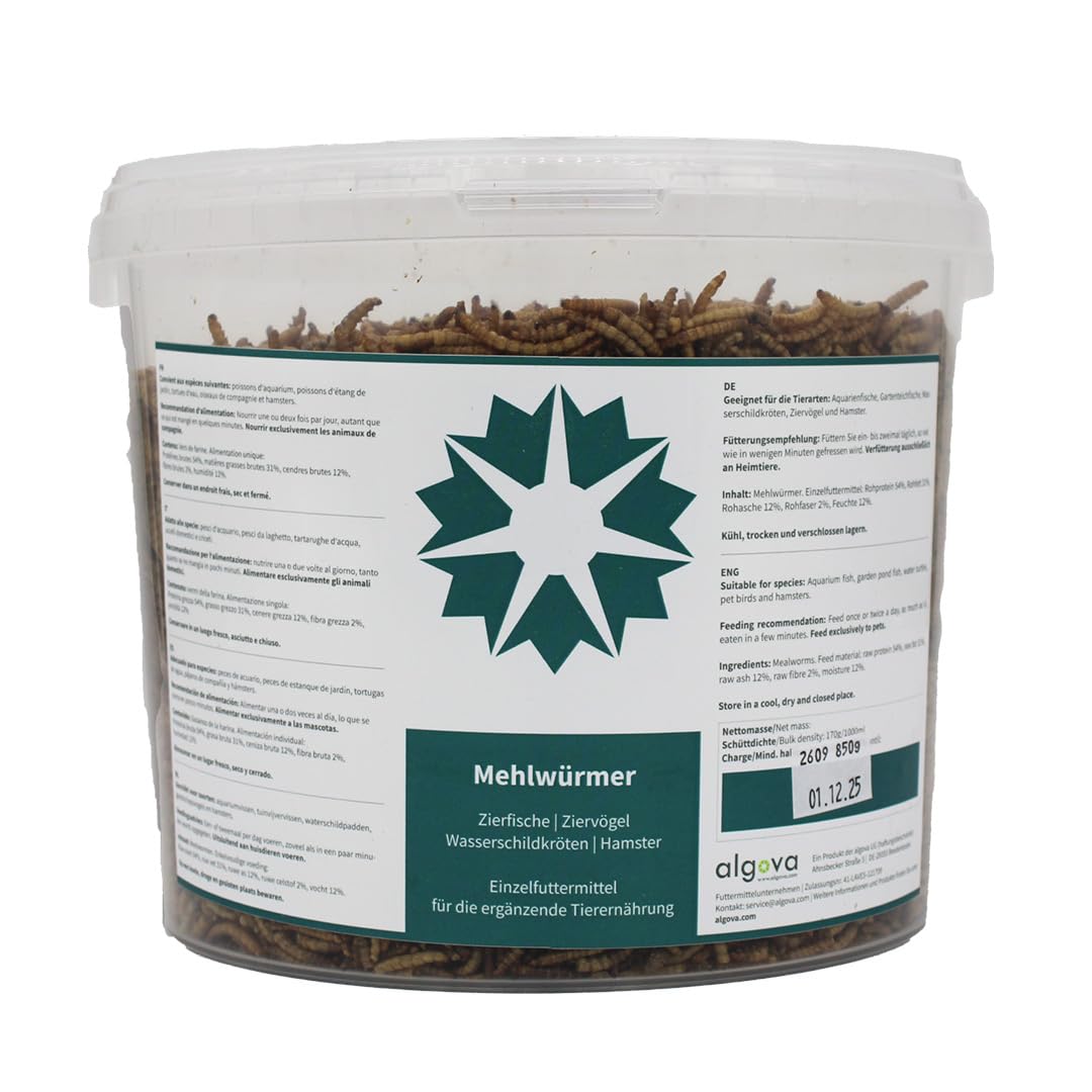 Mehlwürmer getrocknet - Natürliches Insekten-Futter für Zierfische, Zier-Vögel, Schildkröten, Igel (5L = 850g)