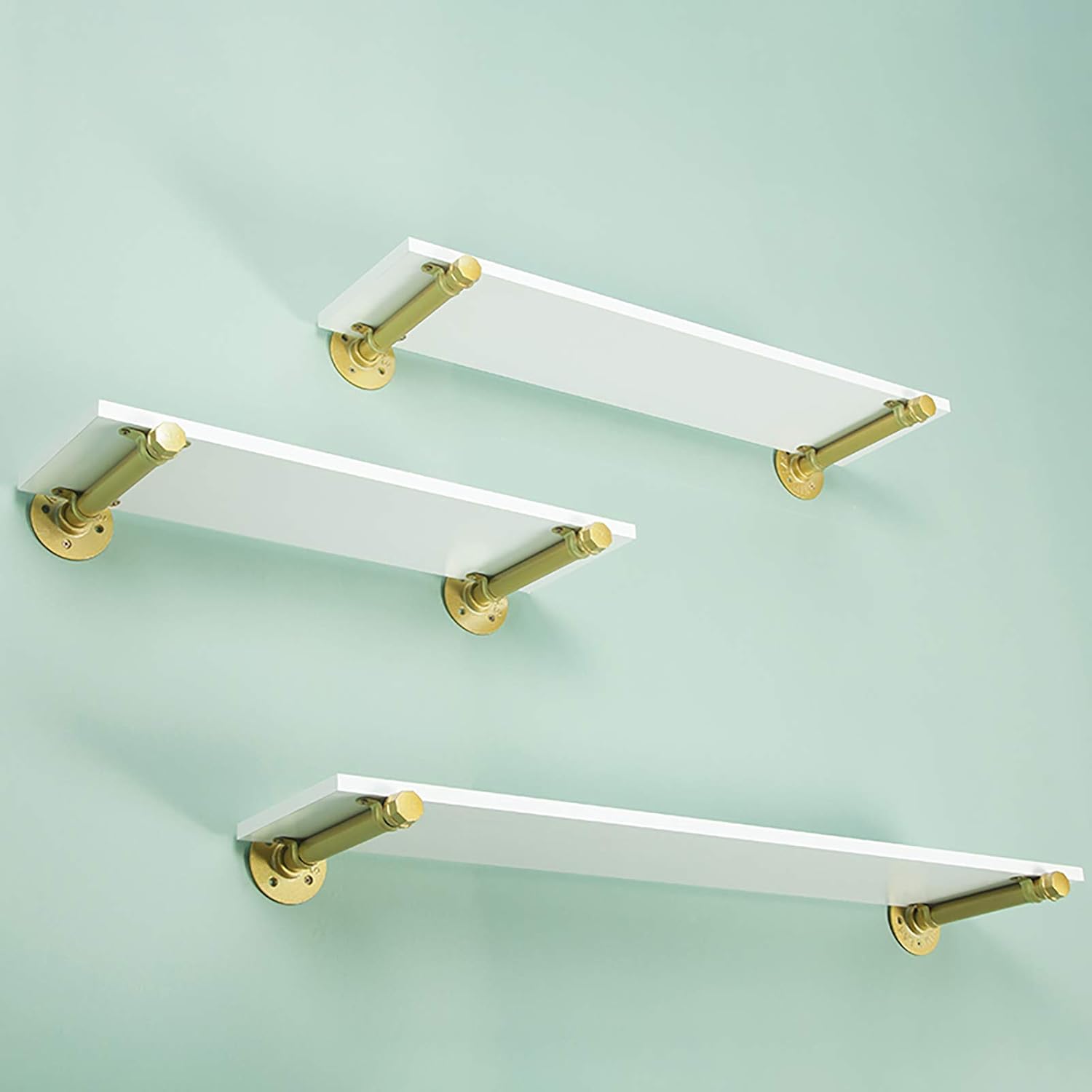 QWEASDF 2 Pack Shelf Brackets, Floating Wall Mounted Industrial Metal Brackets, Plumbing Industrial Metal Style Brackets, Easy to Install, Saving Kitchen, Living Room, Bedroom Space,Gold,250mm/10 in