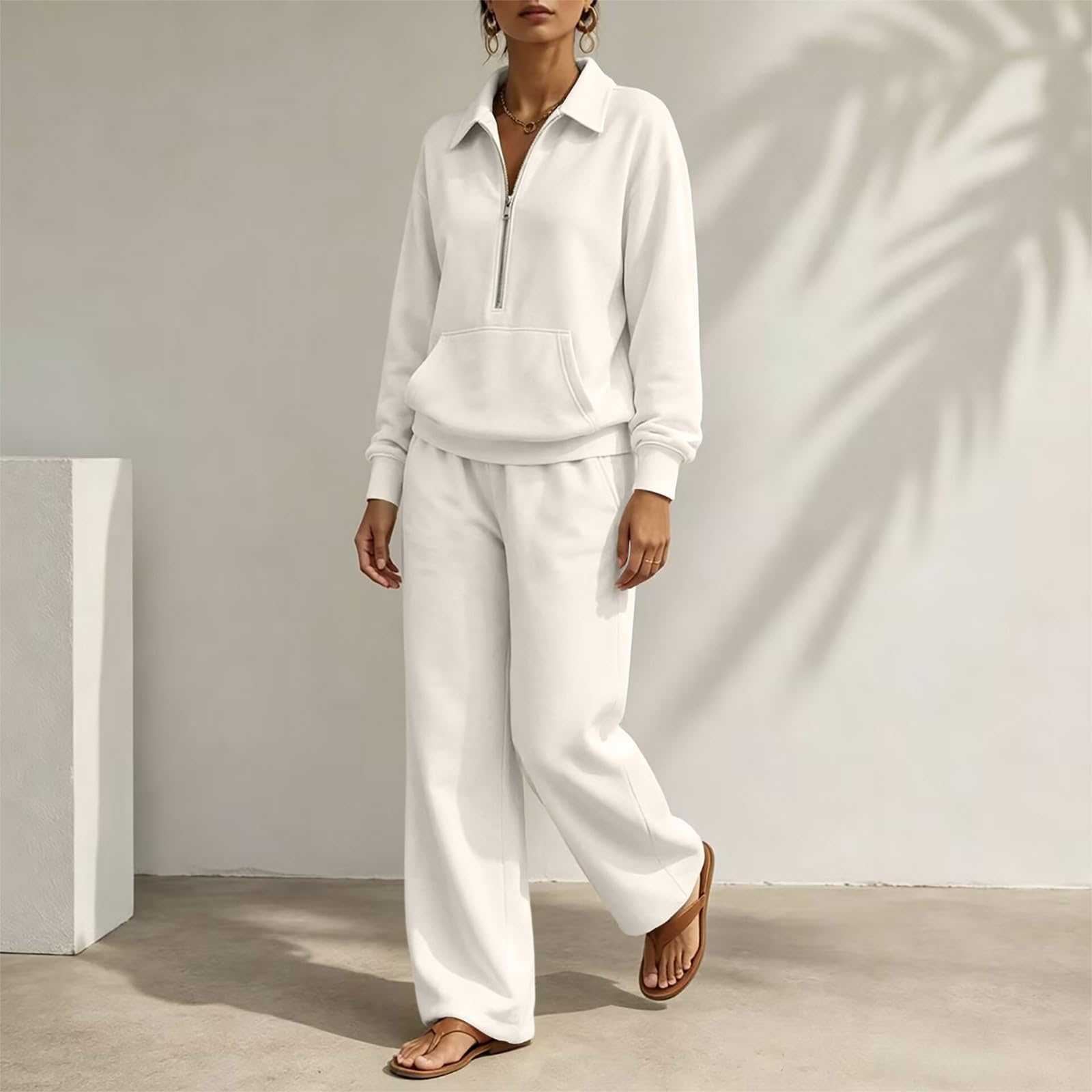Tuta da donna, set completo con felpa a mezza zip, pantaloni da jogging a gamba larga, 2 pezzi, in pile sottile, caldo, con colletto con risvolto, set casual allentato per palestra, allenamento